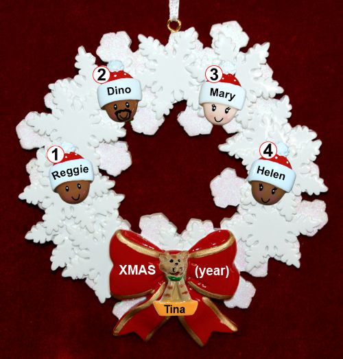 Grandparents Christmas Ornament Celebration Wreath Red Bow 4 Mixed Race Grandkids 1 Pet Personalized by RussellRhodes.com