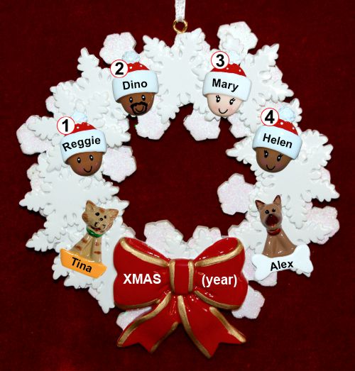 Grandparents Christmas Ornament Celebration Wreath Red Bow 4 Mixed Race Grandkids 2 Pets Personalized by RussellRhodes.com