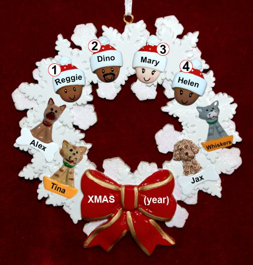 Grandparents Christmas Ornament Celebration Wreath Red Bow 4 Mixed Race Grandkids 4 Pets Personalized by RussellRhodes.com