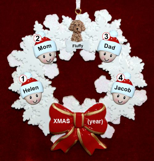 Family Christmas Ornament for 4 Celebration Wreath Red Bow 1 Dog, Cat, or Other Pet Personalized by RussellRhodes.com