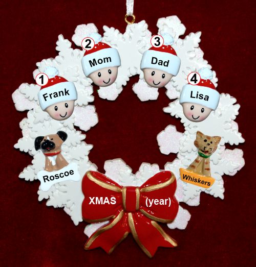 Family Christmas Ornament for 4 Celebration Wreath Red Bow 2 Dogs, Cats, Pets Custom Add-ons Personalized by RussellRhodes.com