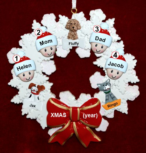 Family Christmas Ornament for 4 Celebration Wreath Red Bow 3 Dogs, Cats, Pets Custom Add-ons Personalized by RussellRhodes.com