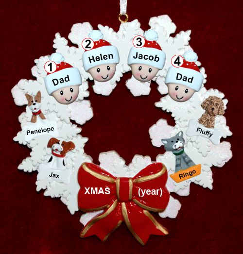 Gay Family Christmas Ornament 2 Children Celebration Wreath Red Bow 4 Dogs, Cats, Pets Custom Add-ons Personalized by RussellRhodes.com