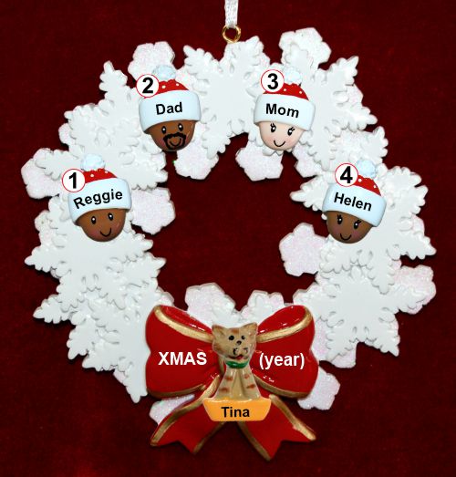 Mixed Race Family  Christmas Ornament for 4 Celebration Wreath Red Bow 1 Dog, Cat, or Other Pet Personalized by RussellRhodes.com