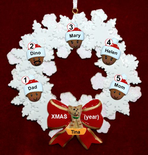 African American Black Family of 5 Christmas Ornament Celebration Wreath Red Bow Personalized by RussellRhodes.com