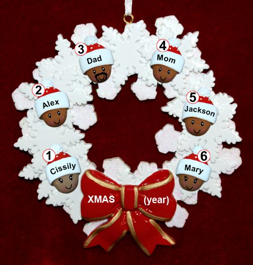 African American Black Family of 5 Christmas Ornament Celebration Wreath Red Bow Personalized by RussellRhodes.com