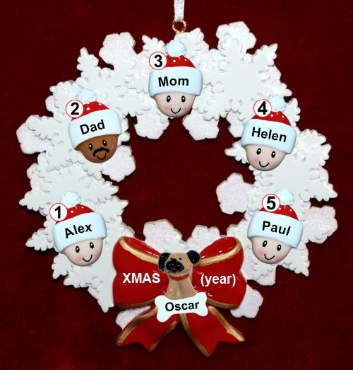 Mixed Race Family of 5 Christmas Ornament Celebration Wreath Red Bow Personalized by RussellRhodes.com