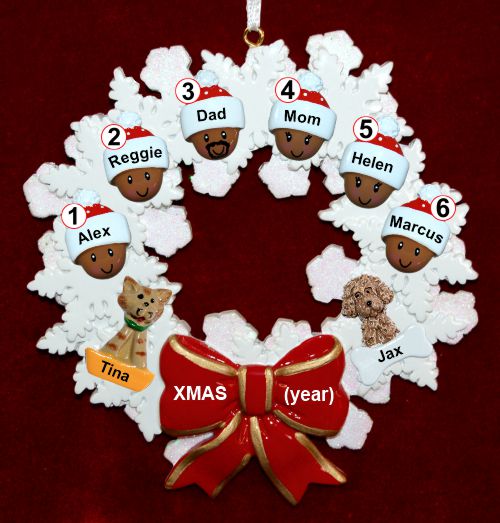 African American Black Family of 6 Christmas Ornament Celebration Wreath Red Bow Personalized by RussellRhodes.com
