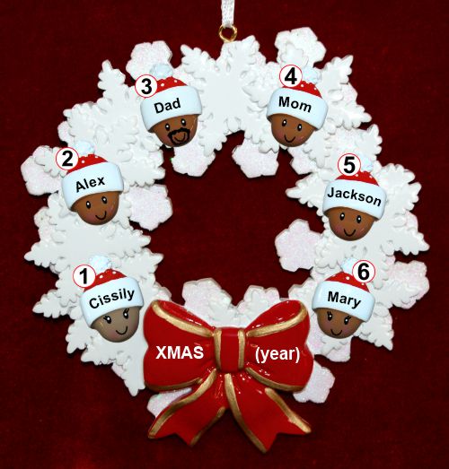 African American Black Family of 6 Christmas Ornament Celebration Wreath Red Bow Personalized by RussellRhodes.com