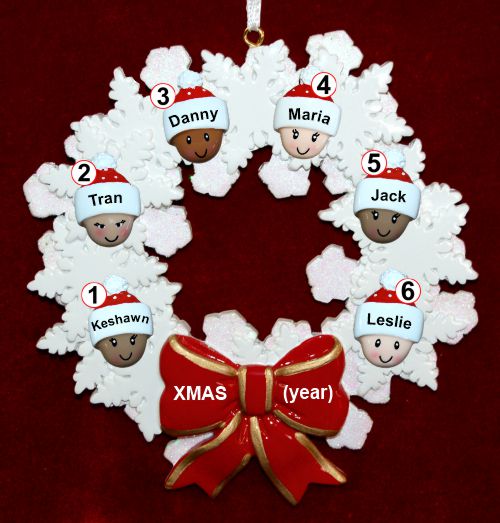 Grandparents Christmas Ornament Celebration Wreath Red Bow 6 Mixed Race Grandkids Personalized by RussellRhodes.com