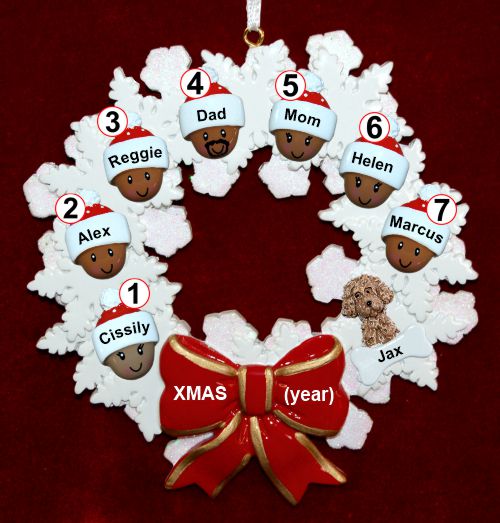 African American Black Family of 7 Christmas Ornament Celebration Wreath Red Bow with 1 Dog, Cat, Pets Custom Add-Ons Personalized by RussellRhodes.com