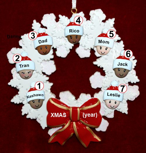 Mixed Race Family of 7 Christmas Ornament Celebration Wreath Red Bow Personalized by RussellRhodes.com