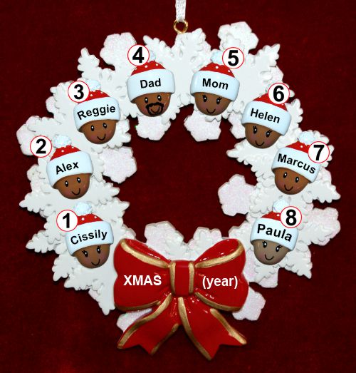 African American Black Family of 8 Christmas Ornament Celebration Wreath Red Bow Personalized by RussellRhodes.com