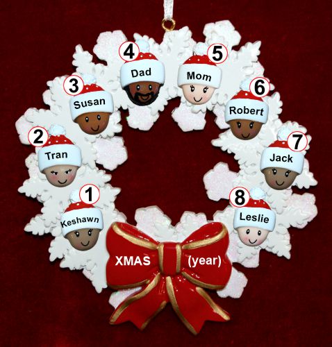 Mixed Race Family of 8 Christmas Ornament Celebration Wreath Red Bow Personalized by RussellRhodes.com