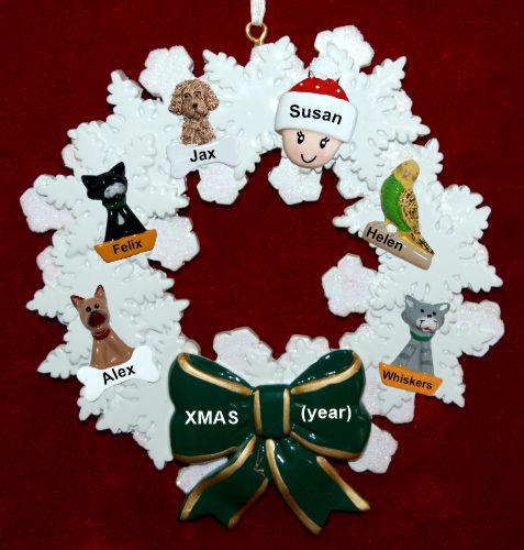 Single Person Christmas Ornament Holiday Wreath with 5 Dogs, Cats, or Other Pets Add-ons Personalized by RussellRhodes.com