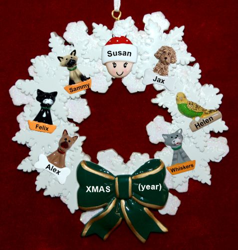 Single Person Christmas Ornament Holiday Wreath with 6 Dogs, Cats, or Other Pets Add-ons Personalized by RussellRhodes.com