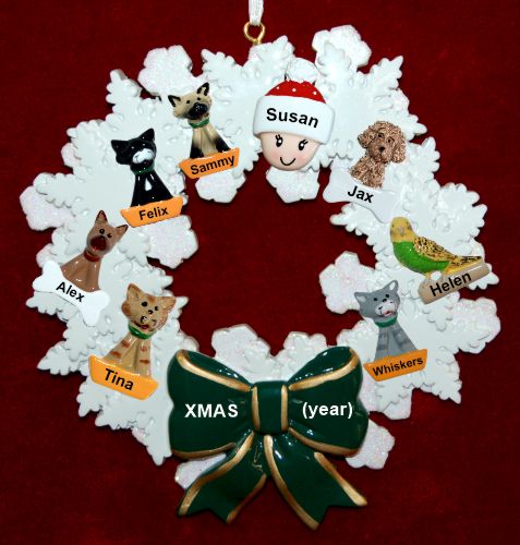 Single Person Christmas Ornament Holiday Wreath with 7 Dogs, Cats, or Other Pets Add-ons Personalized by RussellRhodes.com