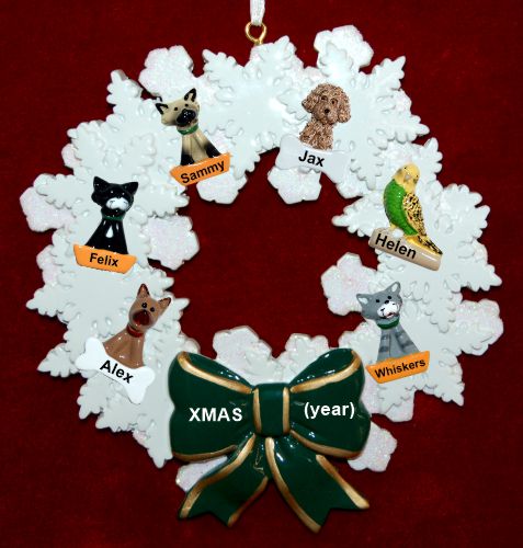Dogs, Cats, or Other Pets Christmas Ornament Holiday Wreath with Green Bow (6) Personalized by RussellRhodes.com