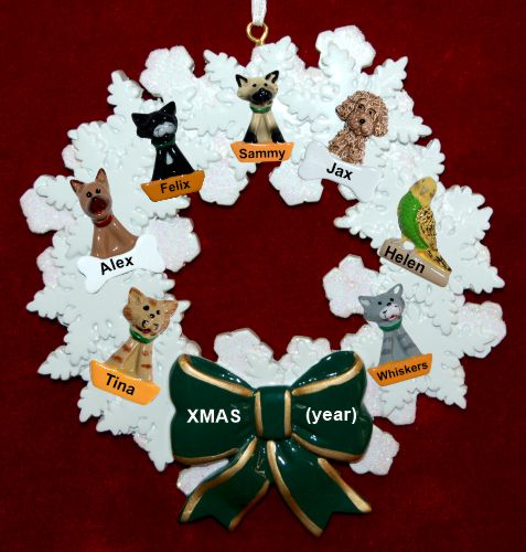 Dogs, Cats, or Other Pets Christmas Ornament Holiday Wreath with Green Bow (7) Personalized by RussellRhodes.com