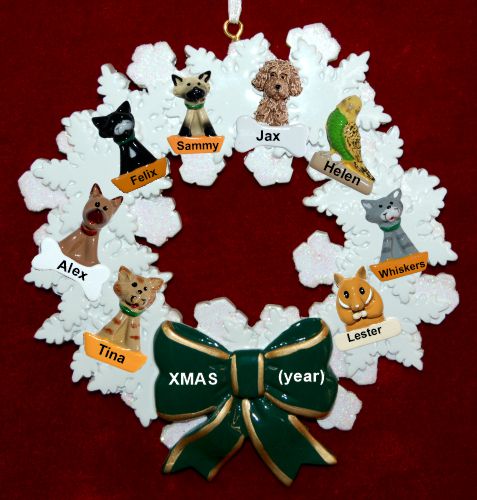 Dogs, Cats, or Other Pets Christmas Ornament Holiday Wreath with Green Bow (8) Personalized by RussellRhodes.com