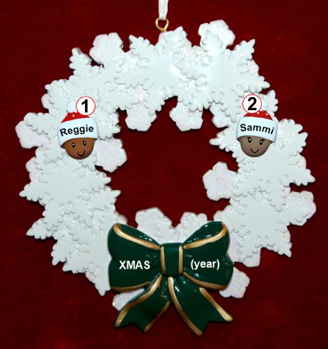 Grandparents Christmas Ornament Celebration Wreath Green Bow 2 Mixed Race Grandkids Personalized by RussellRhodes.com