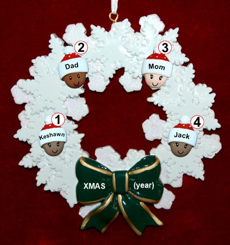Mixed Race Family of 4 Christmas Ornament Celebration Wreath Green Bow Personalized by RussellRhodes.com