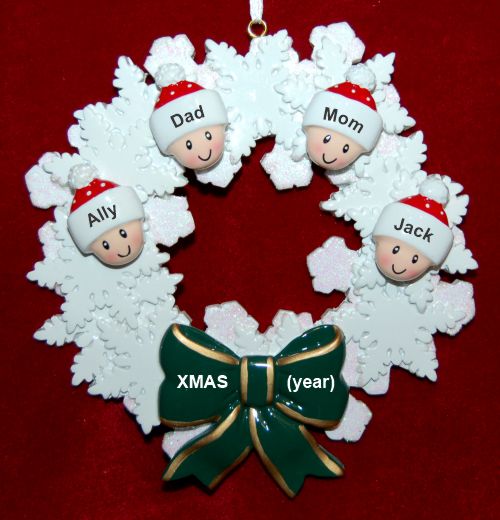 Family Christmas Ornament Celebration Wreath Green Bow for 4 Personalized by RussellRhodes.com