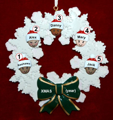 Grandparents Christmas Ornament Celebration Wreath Green Bow 5 Mixed Race Grandkids Personalized by RussellRhodes.com