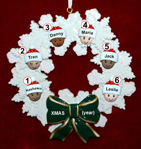 Grandparents Christmas Ornament Celebration Wreath Green Bow 6 Mixed Race Grandkids Personalized by RussellRhodes.com