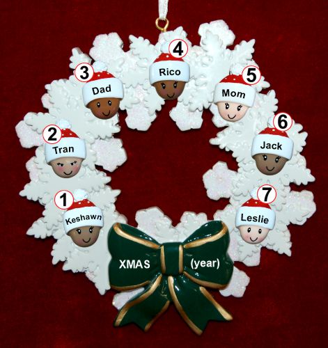 Mixed Race Family of 7 Christmas Ornament Celebration Wreath Green Bow Personalized by RussellRhodes.com
