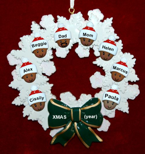 African American Black Family of 8 Christmas Ornament Celebration Wreath Green Bow Personalized by RussellRhodes.com