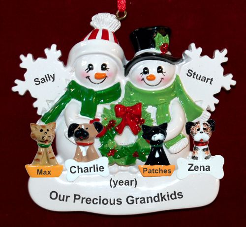 Grandparents Christmas Ornament White Xmas 2 Grandkids with 4 Dogs, Cats, or Other Pets Custom Add-ons Personalized by RussellRhodes.com