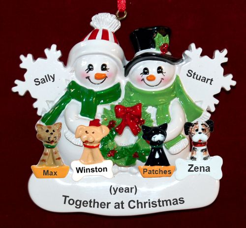 Couple Christmas Ornament White Xmas with 4 Dogs, Cats, or Other Pets Custom Add-ons Personalized by RussellRhodes.com
