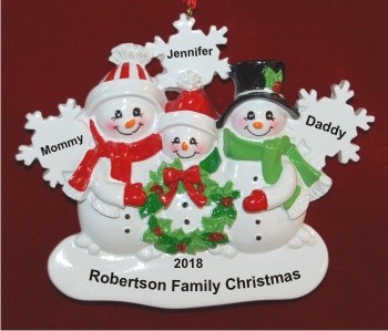 White Xmas Snowflake Family of 3 Personalized Christmas Ornament Personalized by Russell Rhodes