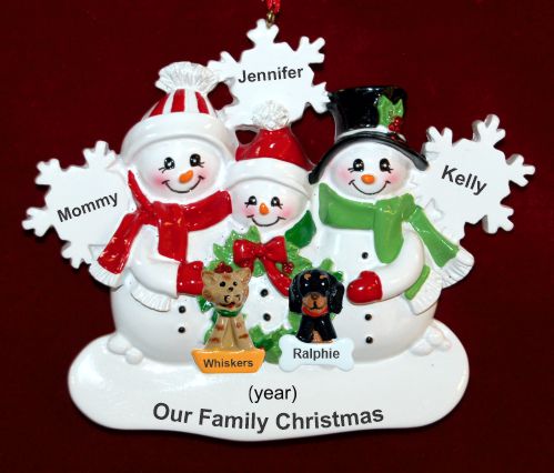 Single Mom Christmas Ornament 2 Kids White Xmas Snowflake with 2 Dogs, Cats, Pets Custom Add-ons Personalized by RussellRhodes.com