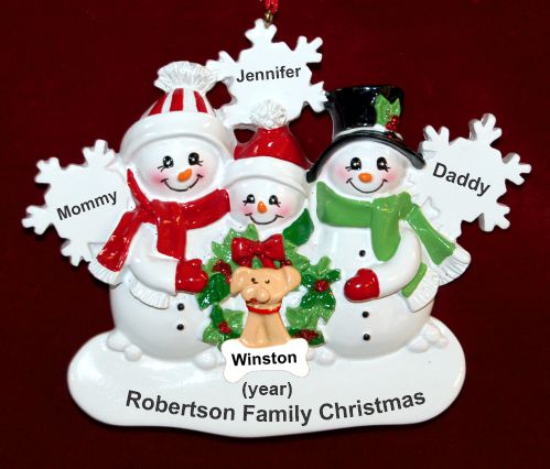 White Xmas Snowflake Family of 3 Christmas Ornament with Pets Personalized by Russell Rhodes