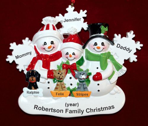 Family Christmas Ornament for 3 White Xmas Snowflake with 3 Dogs, Cats, Pets Custom Add-ons Personalized by RussellRhodes.com