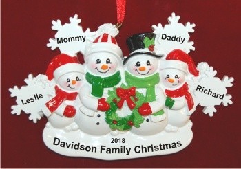 White Xmas Snowflake Family of 4 Personalized Christmas Ornament Personalized by Russell Rhodes