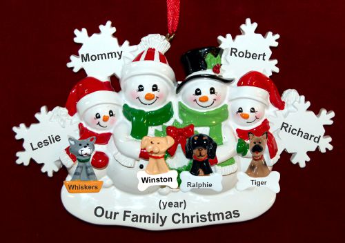 Single Mom Christmas Ornament 3 Kids White Xmas Snowflake with 4 Dogs, Cats, Pets Custom Add-ons Personalized by RussellRhodes.com