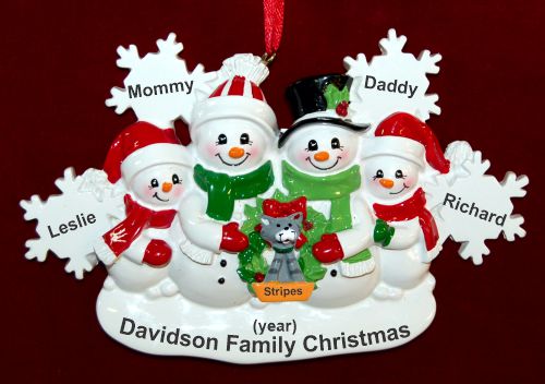 Family Christmas Ornament for 4 White Xmas Snowflake with 1 Dog, Cat, Pets Custom Add-ons Personalized by RussellRhodes.com