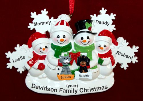 Family Christmas Ornament for 4 White Xmas Snowflake with 2 Dogs, Cats, Pets Custom Add-ons Personalized by RussellRhodes.com