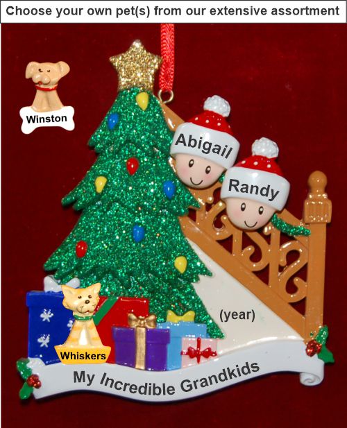 Our Xmas Tree Grandparents Christmas Ornament 2 Grandkids with Pets Personalized by Russell Rhodes