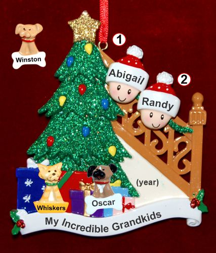 Our Xmas Tree Grandparents Christmas Ornament 2 Grandkids with 2 Dogs, Cats, Pets Custom Add-ons Personalized by RussellRhodes.com