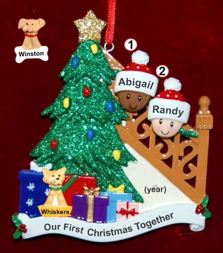 Our First Family Christmas Tree Mixed Race BiRacial Christmas Ornament with 1 Dog, Cat, Pets Custom Add-on Personalized by RussellRhodes.com