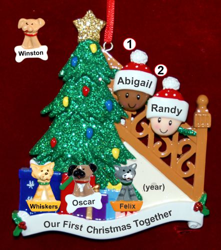 Our First Family Christmas Tree Mixed Race BiRacial Christmas Ornament with 3 Dogs, Cats, Pets Custom Add-ons Personalized by RussellRhodes.com