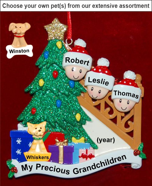 Our Xmas Tree Grandparents Christmas Ornament 3 Grandkids with Pets Personalized by RussellRhodes.com