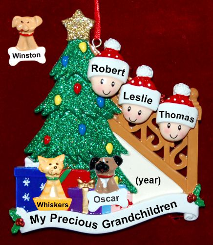 Our Xmas Tree Grandparents Christmas Ornament 3 Grandkids with 2 Dogs, Cats, Pets Custom Add-ons Personalized by RussellRhodes.com