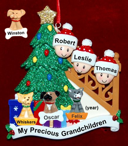 Our Xmas Tree Grandparents Christmas Ornament 3 Grandkids with 3 Dogs, Cats, Pets Custom Add-ons Personalized by RussellRhodes.com