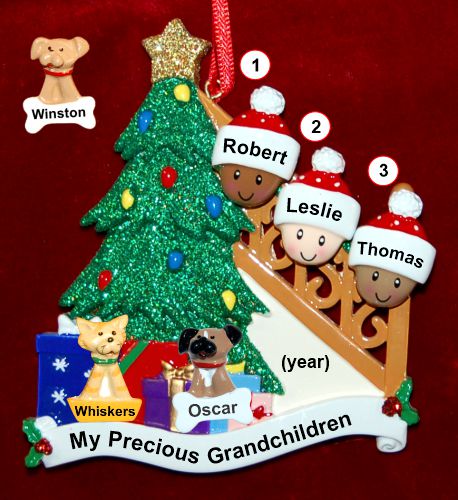 Our Xmas Tree Grandparents Christmas Ornament 3 Grandkids Mixed Race BiRacial with 2 Dogs, Cats, Pets Custom Add-ons Personalized by RussellRhodes.com
