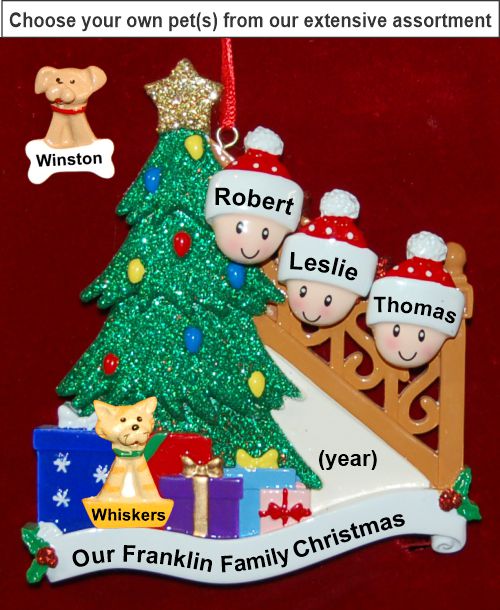 Our Xmas Tree Christmas Ornament for Families of 3 with Pets Personalized by Russell Rhodes